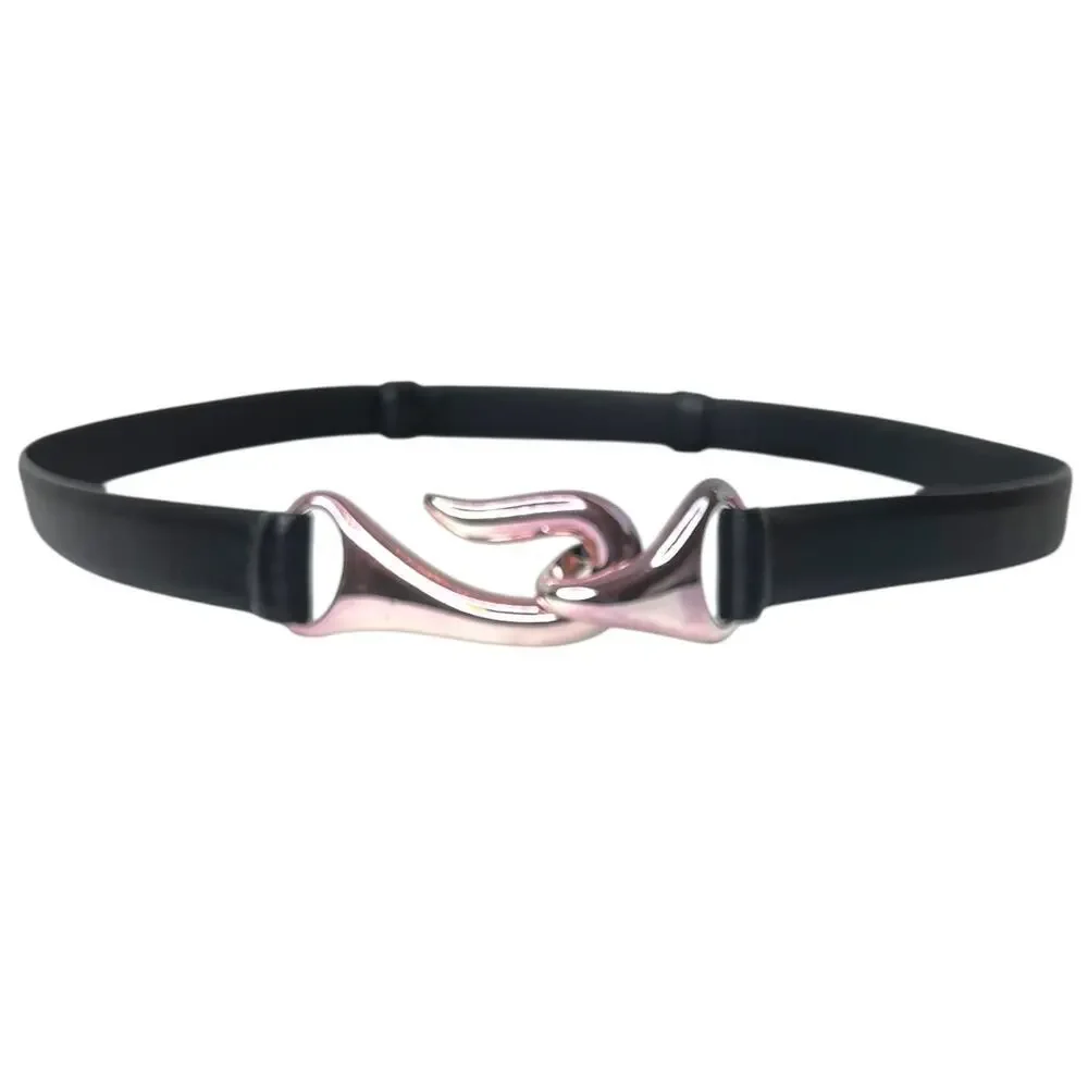 CHICO'S Genuine Leather Belt Black Silver Hook Buckle Elastic Waist Medium Large